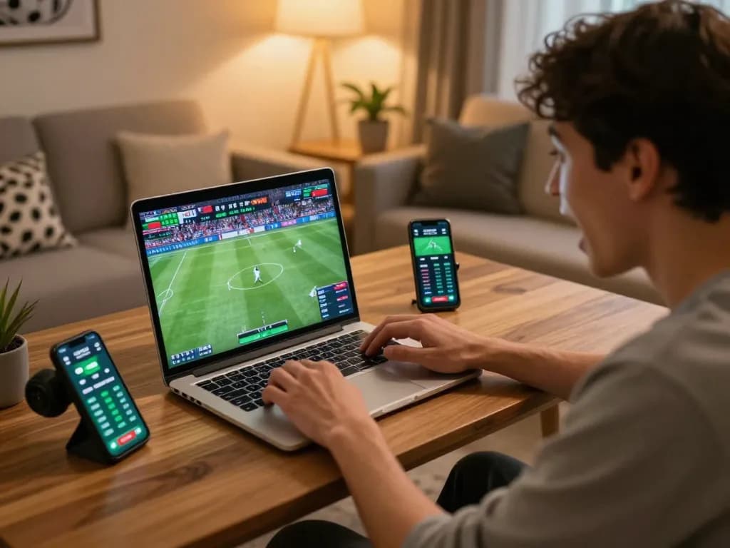 Engaged bettor exploring live odds on luongsontv60 with laptop and smartphone.