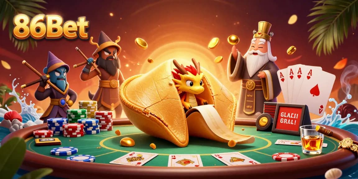 Engage with 86Bet's thrilling online gaming scene featuring dragon and fortune cookie elements