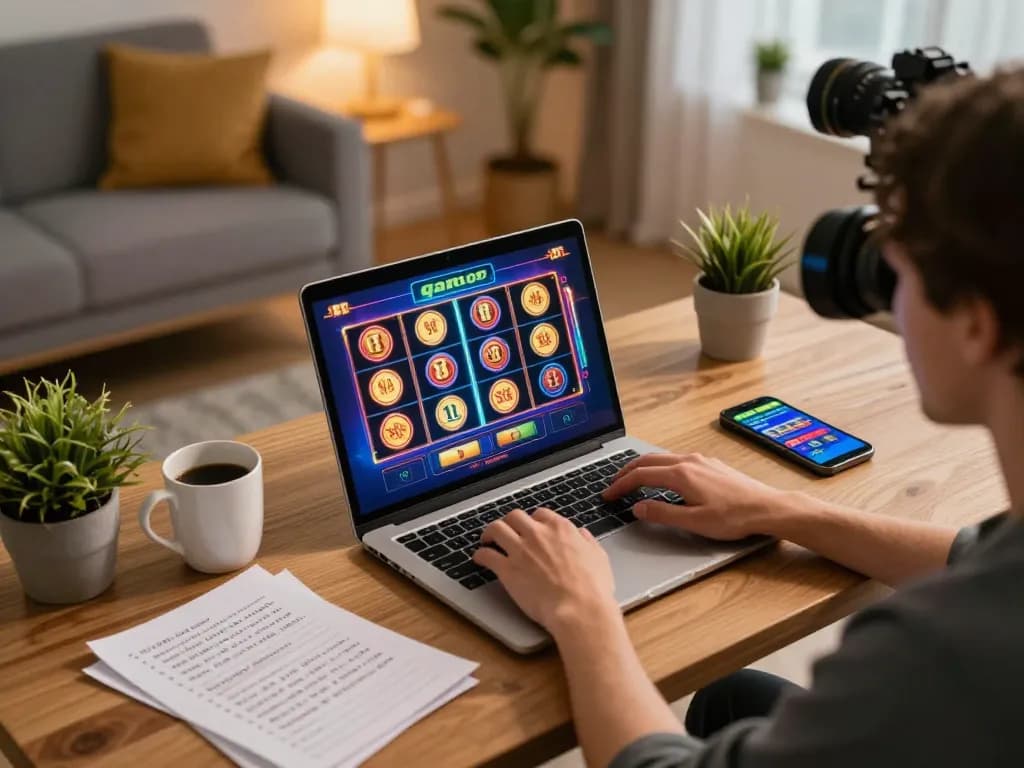 Engaging with slots not on gamstop at a home gaming setup, showcasing strategy notes and cozy decor.