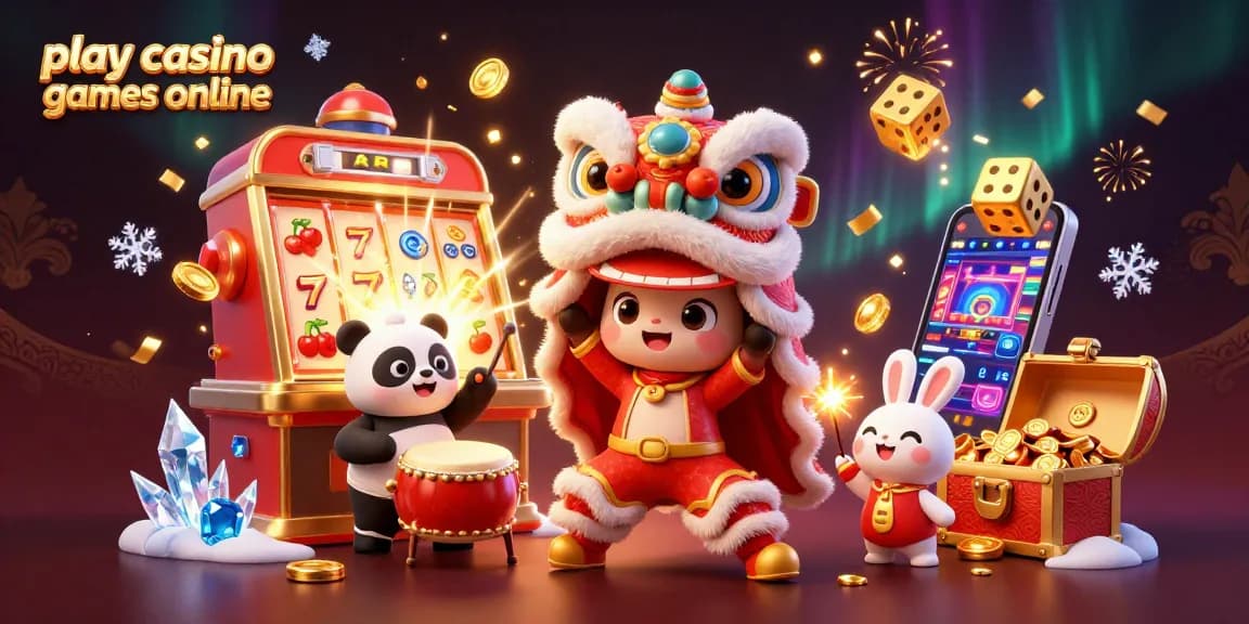Engage to play casino games online with vibrant 3D illustration of festive characters and exciting casino elements.