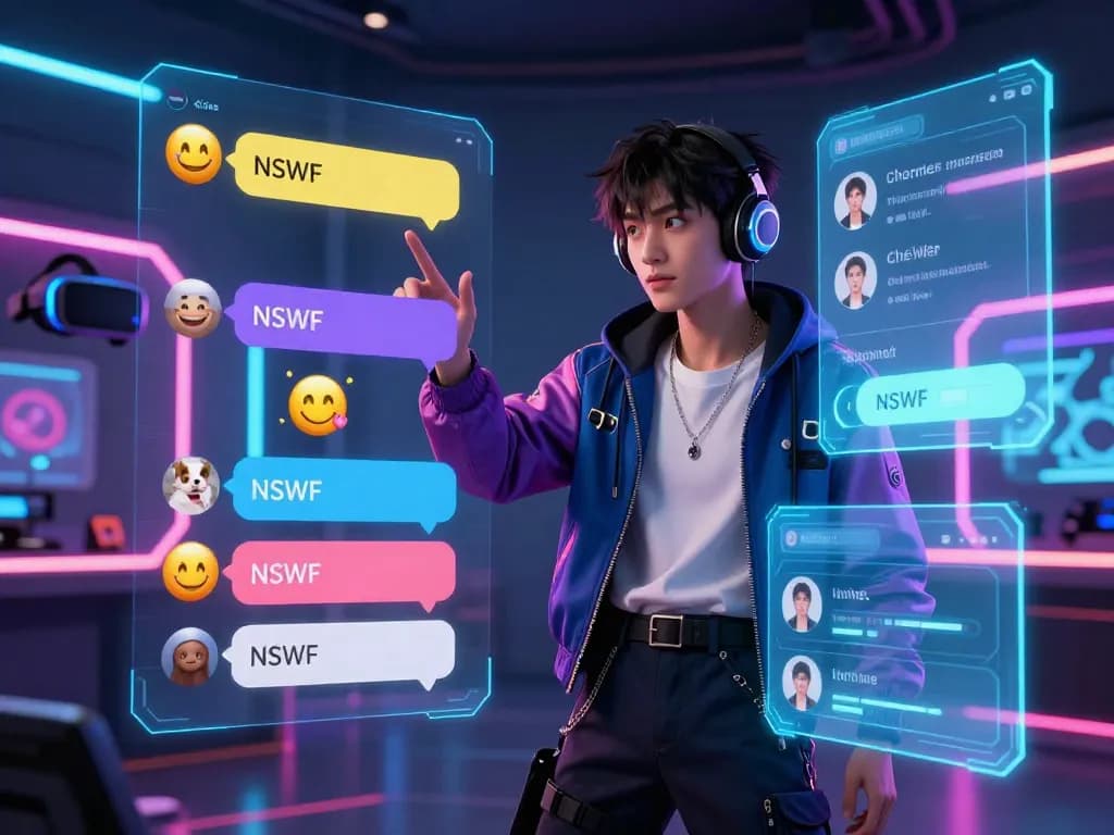 Engaging NSFW chat interaction with AI character in stylish digital space