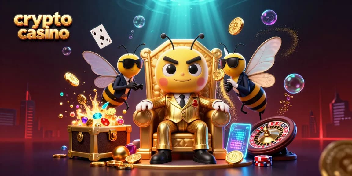 Experience the crypto casino adventure with animated bumblebee characters amidst treasures and gaming elements.