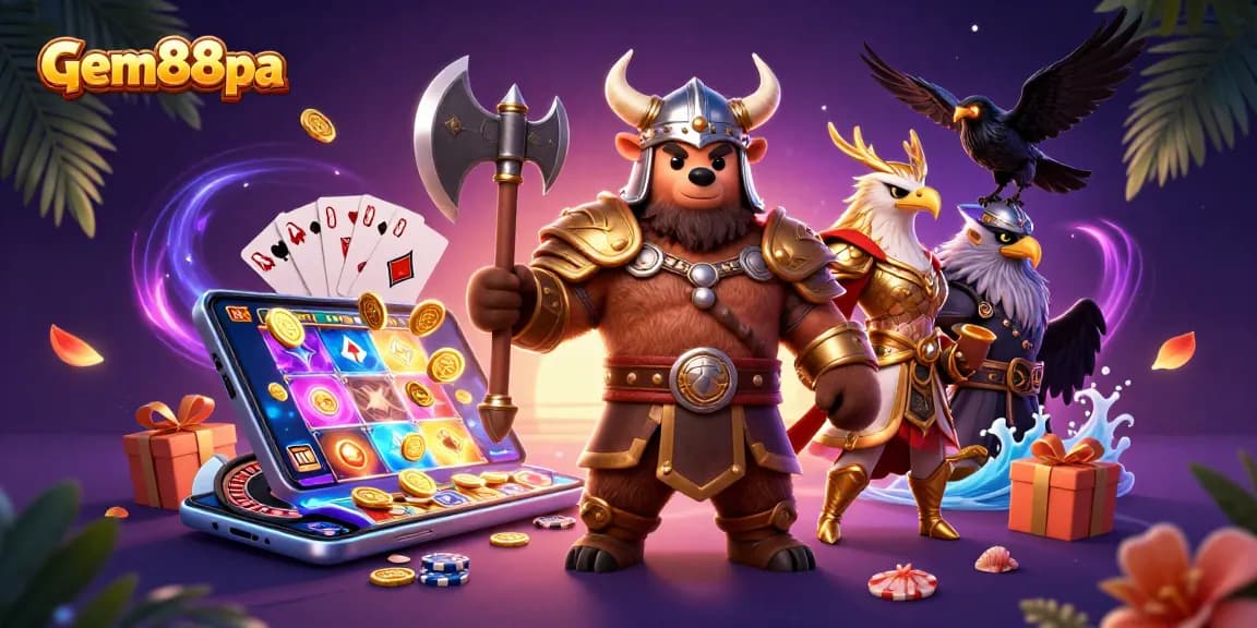 Experience thrilling gaming at gem88pa with Viking and Valkyrie in a vibrant casino scene.