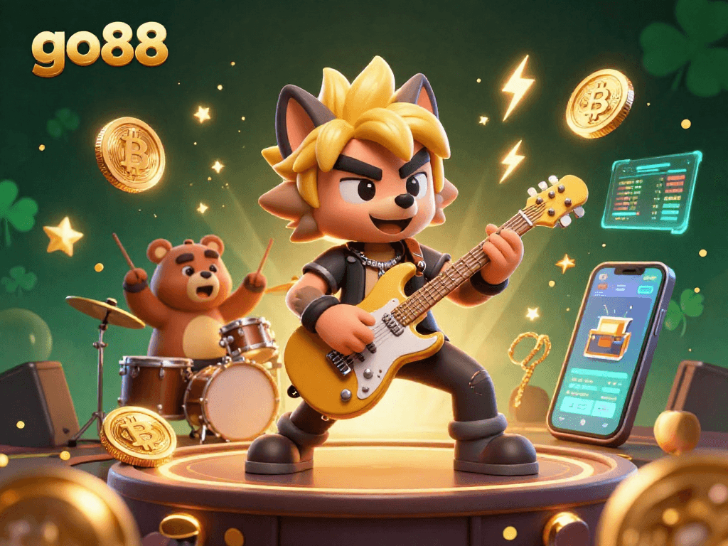 Experience the excitement of go88 with a dynamic 3D scene featuring a rock star wolf and a drummer bear amidst glowing cryptocurrency elements.