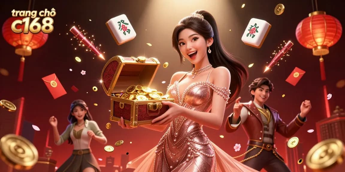 Experience the thrill of winning at trang chủ c168 with a vibrant casino illustration featuring a treasure chest and joyful excitement.