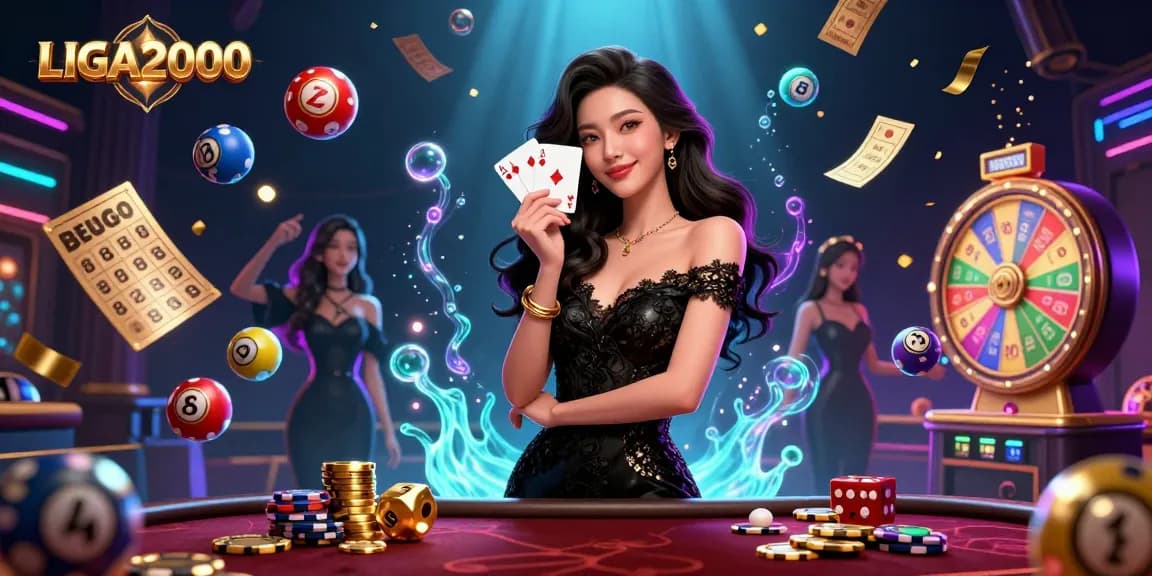 LIGA2000 menampilkan wanita elegan di kasino yang memegang kartu sambil dikelilingi oleh warna-warna cerah dan elemen lotere.