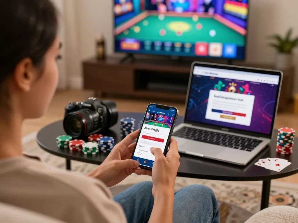 Person enjoying the JeetBangla login app on a smartphone in a lively home setting, showcasing a vibrant online casino atmosphere.