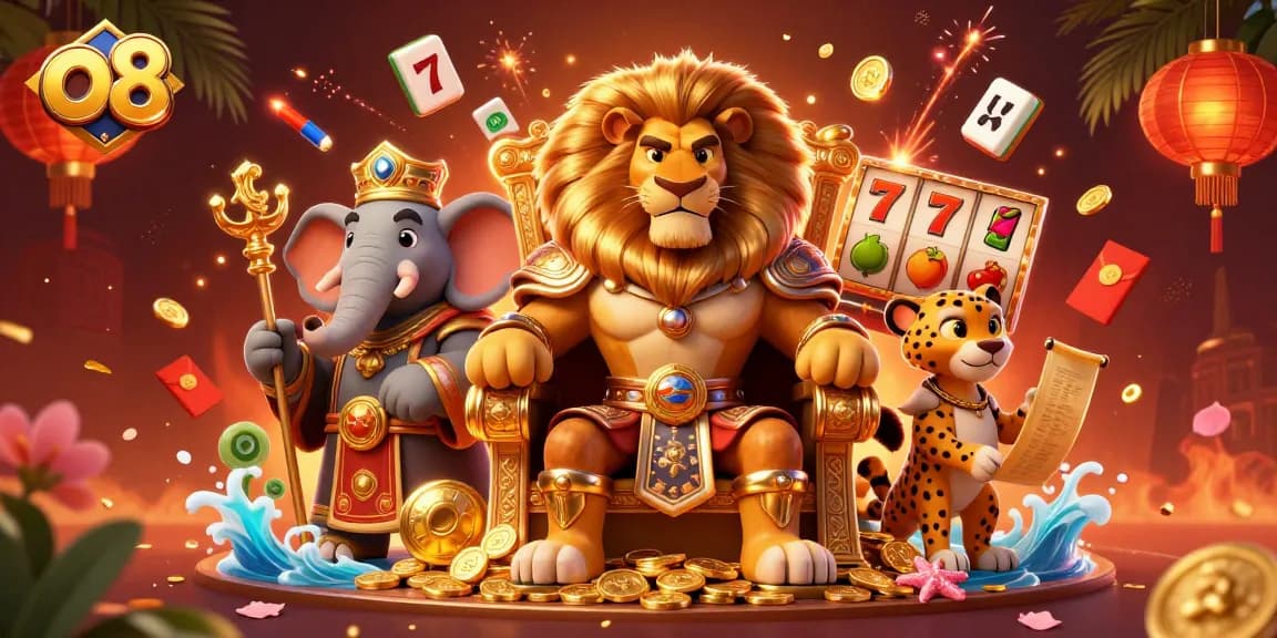 Spin the reels with o8 as a fierce lion king presides over a rich casino scene filled with fortune.
