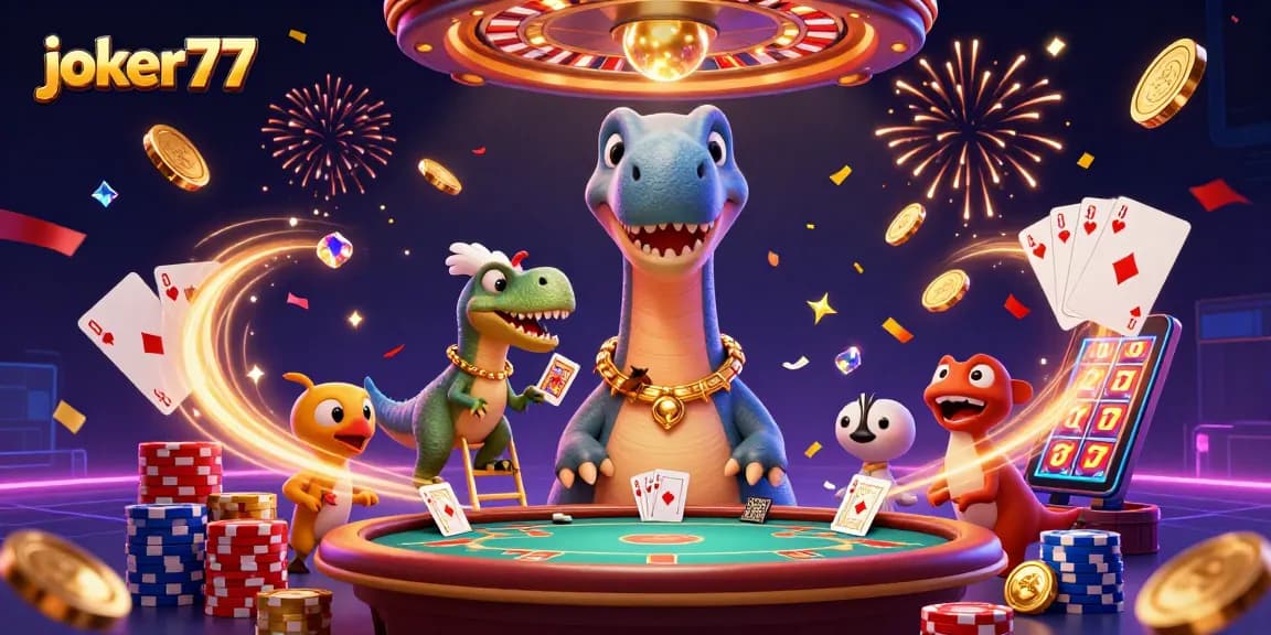 Engage with joker77's thrilling casino adventure featuring playful characters and vibrant game elements.