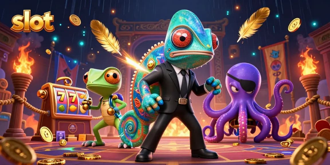 Spin the slot reels in this action-packed illustration featuring dynamic characters and a vibrant casino scene.