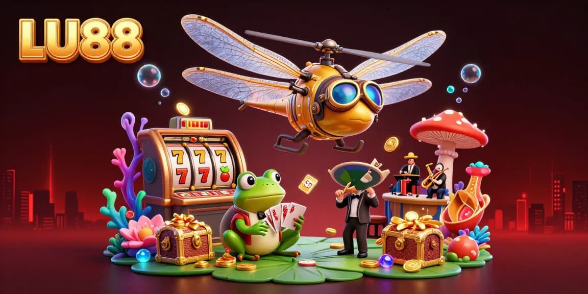 Experience thrilling slots at LU88 with a vibrant 3D illustration of a dragonfly pilot and frog dealer.