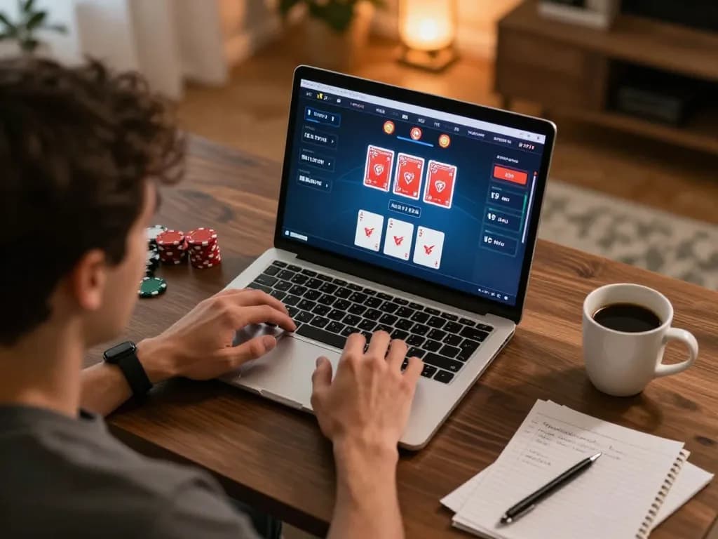 A player engaged in an intense poker game on 3win, showcasing focused strategy and relaxed home atmosphere.