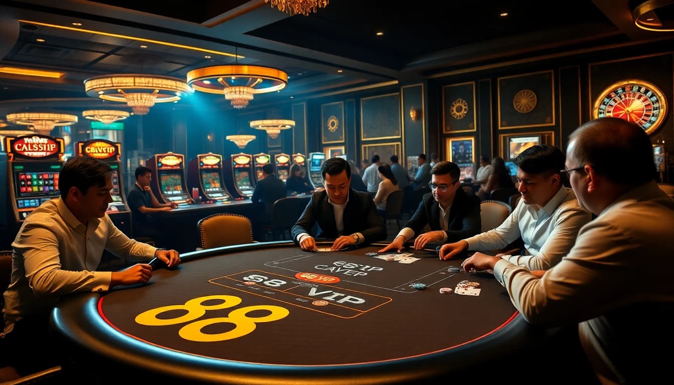 68VIP players engaging in a high-stakes poker game in a luxurious casino setting.