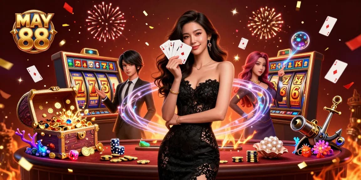 MAY 88 showcases a stylish Asian woman holding playing cards in a vibrant casino atmosphere.