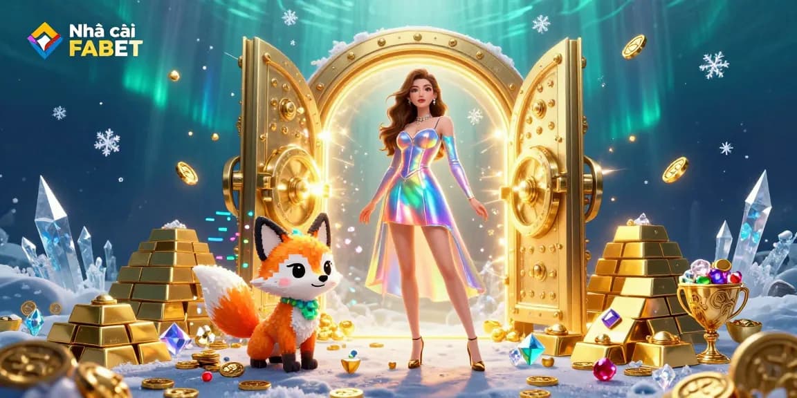 Experience excitement at Nhà cái FABET with vibrant 3D casino-themed illustration bursting with gems and treasures.