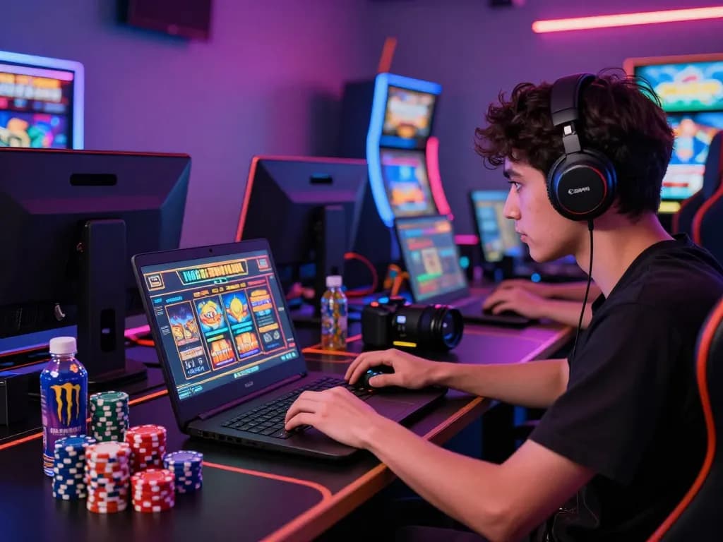 situs slot gacor gaming scene focusing on a player at a vibrant online slot machine with colorful chips and drinks