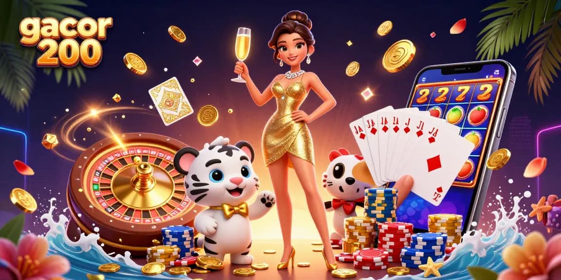 Experience excitement with gacor 200 as a glamorous woman and lucky white tiger celebrate wins in a vibrant casino.