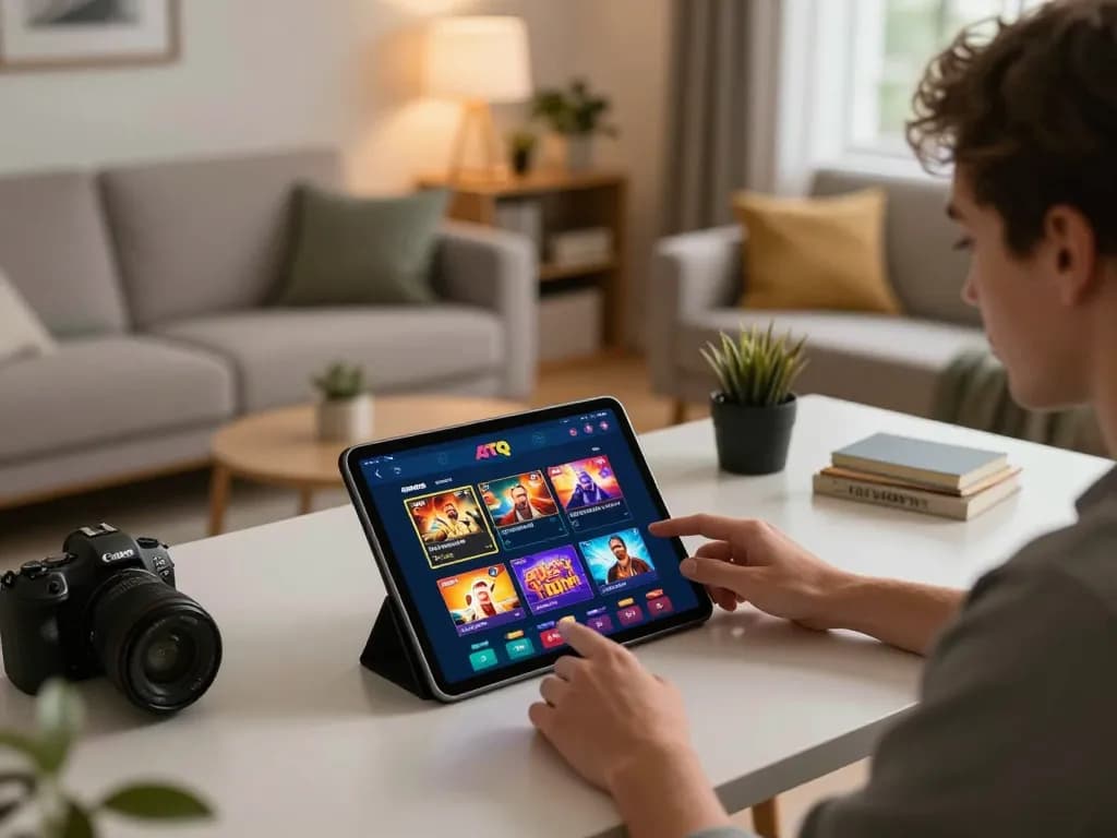 Player engaging with ATQ casino app on tablet in a cozy home gaming setup.