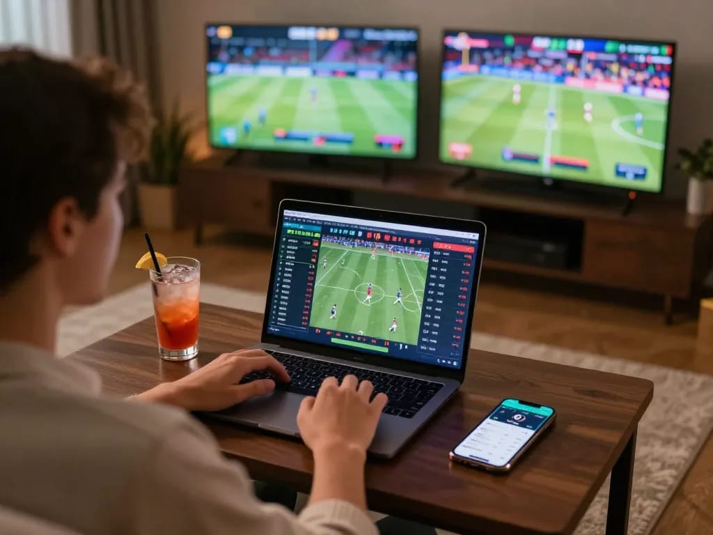 Engaged user analyzing sports betting odds on bongdalu88 during an exciting live event.