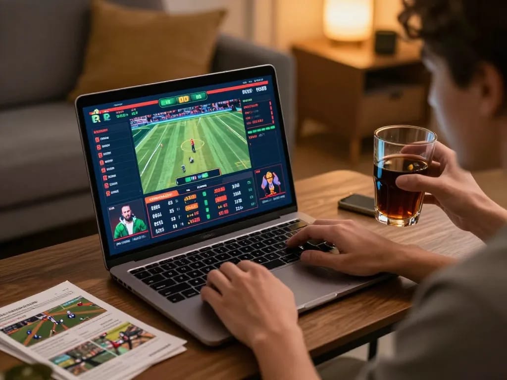 net88 user engaging in sports betting on a laptop in a cozy home setting.