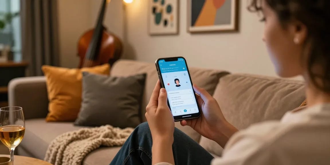 Sexting AI interaction in a cozy lounge with smartphone, inviting atmosphere and engaging moment.