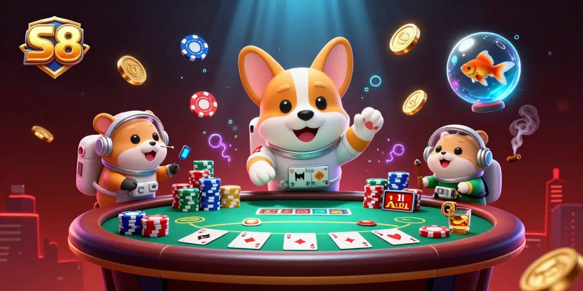 S8 players enjoying a floating poker game with a 3D cartoon astronaut corgi and gaming elements in a cosmic casino.