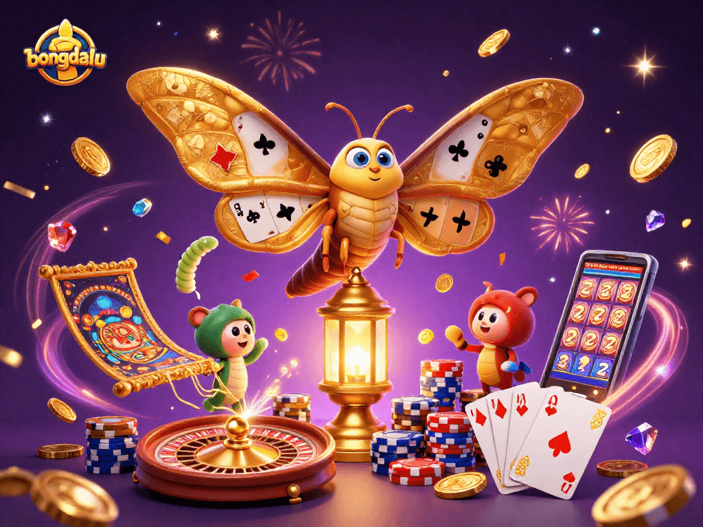 Bongdalu showcases a vibrant 3D scene of a majestic atlas moth with casino treasures, celebrating luck