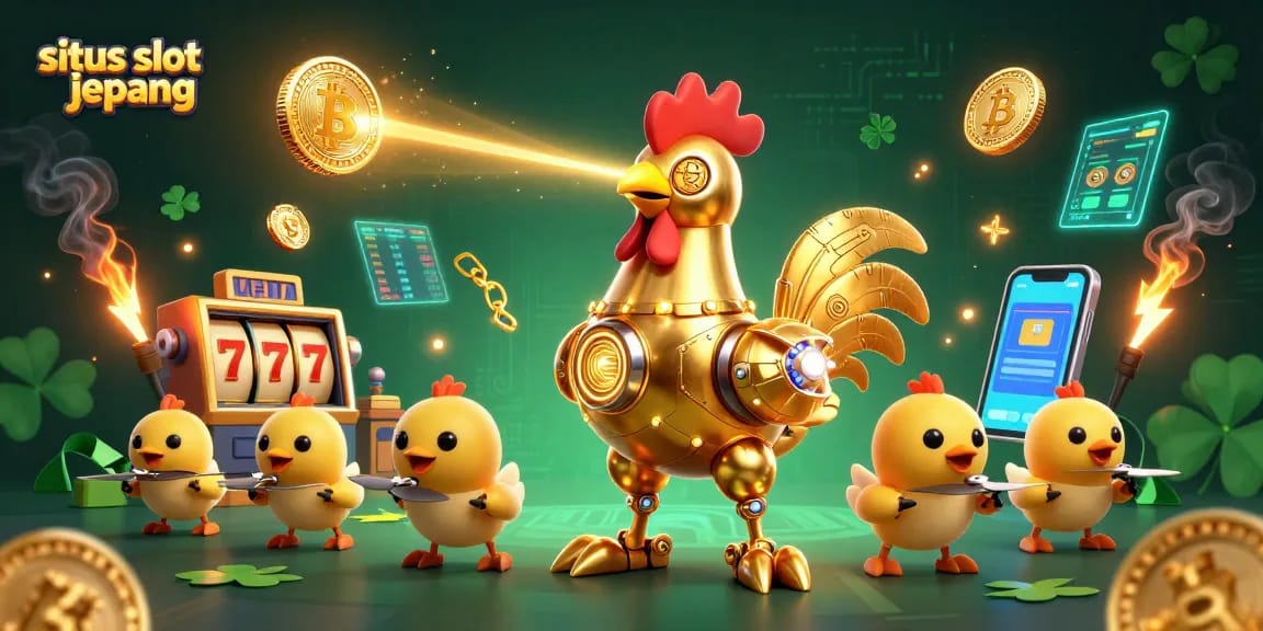 Experience exciting gameplay at situs slot jepang with golden rooster robot and dynamic slot elements.