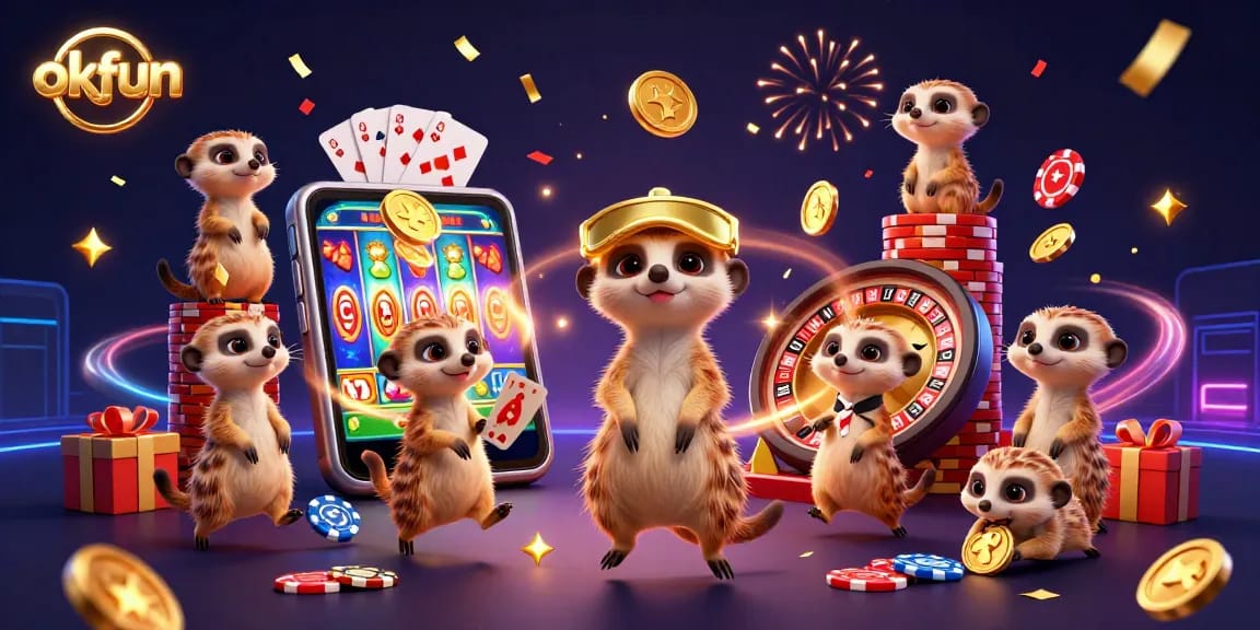 Experience the thrill at okfun’s vibrant casino with meerkats engaging in exciting gaming!