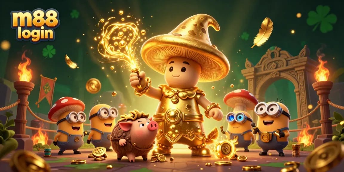Place bets with confidence using m88 login, featuring an enchanting scene of magical elements and treasures.
