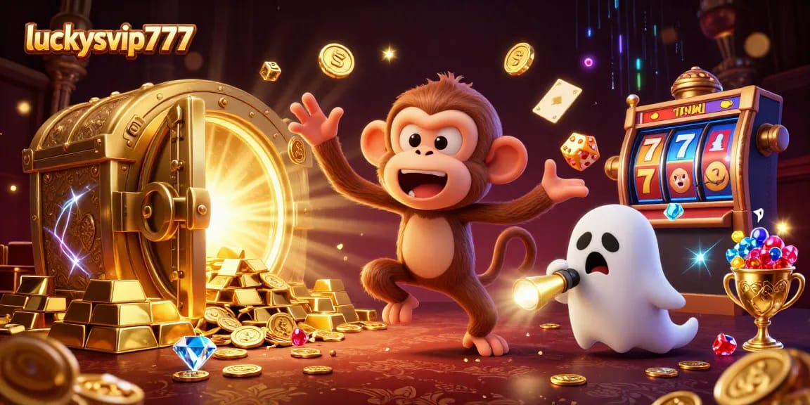 Engage with luckysvip777 by exploring the energetic casino scene with golden treasures and playful characters.