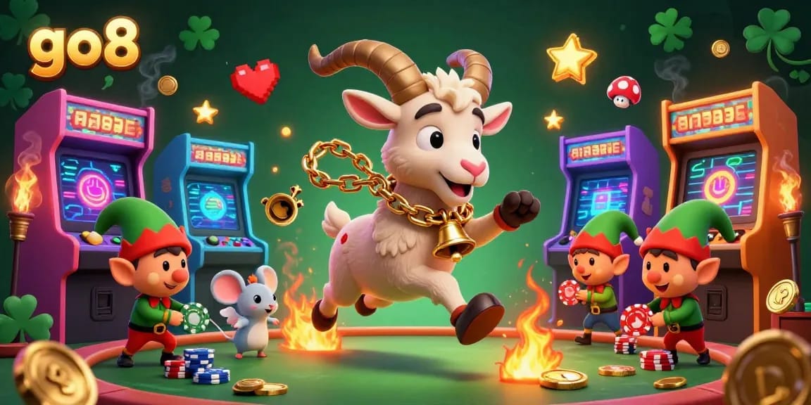 Join the action at go8 with Krampus, angel mouse, and gremlins in a lively casino scene.
