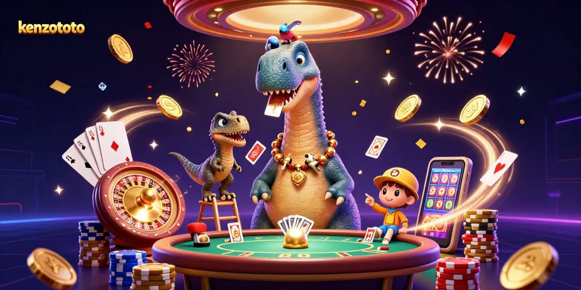 Engage in thrilling gameplay with kenzototo's dynamic casino scene featuring colorful cards, coins, and chips.
