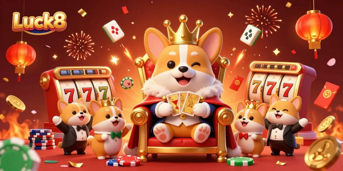 Experience the vibrant Luck8 casino scene with a royal corgi and lively characters, celebrating winning moments.