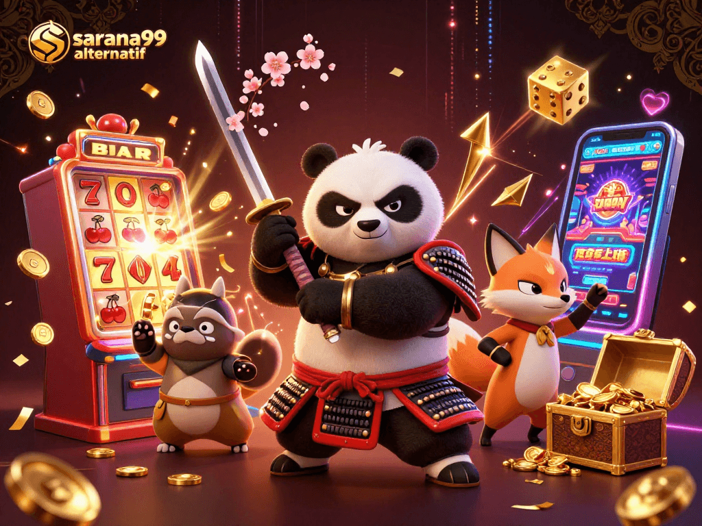 Sarana99 alternatif enhances gaming fun with a dynamic 3D illustration of a samurai panda at the casino.