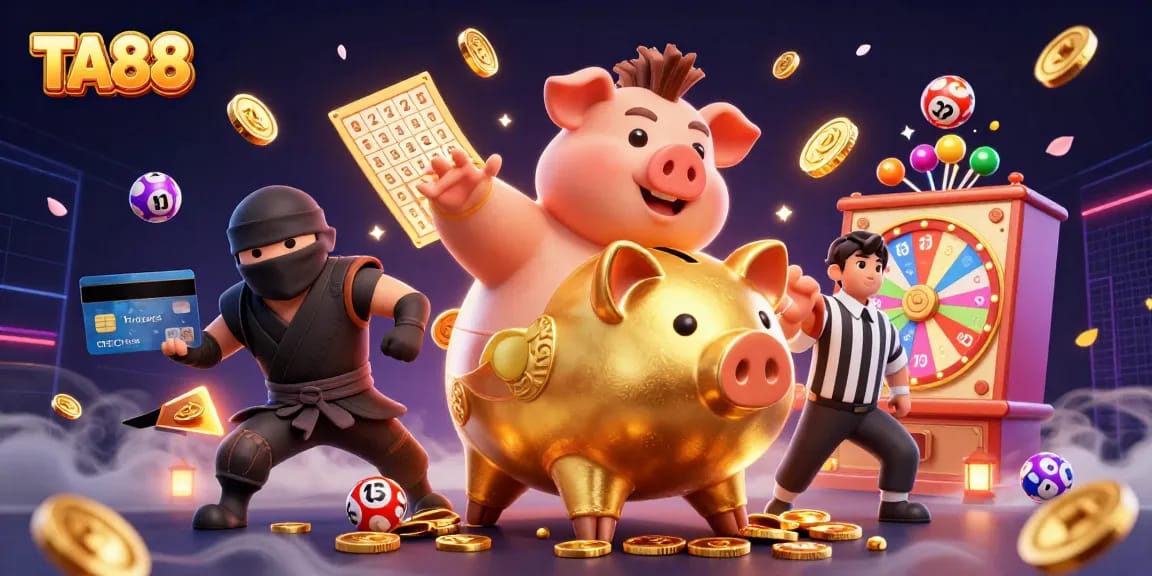 TA88 showcases a vibrant casino scene with a golden piggy bank sumo wrestler and dynamic lottery elements.