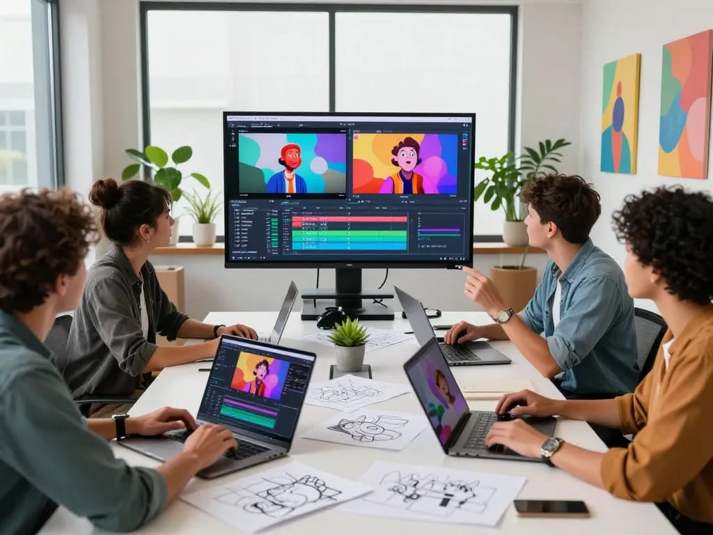 Dynamic video production team using seedance 2.0 in a modern workspace.