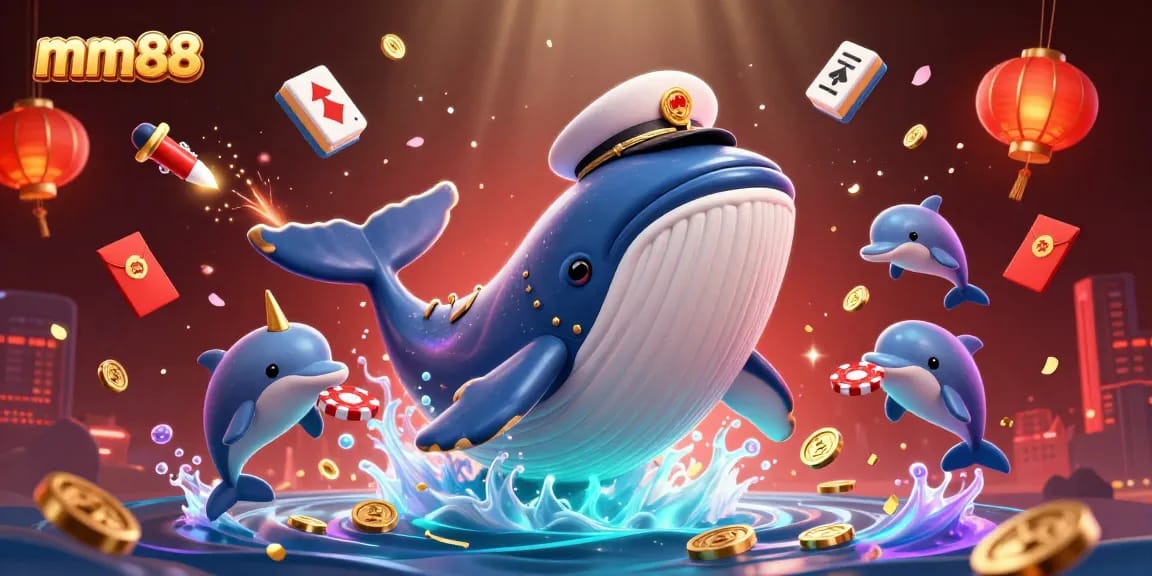 Experience the vibrant excitement of mm88 with a whale breaching through coins while gaming elements surround an underwater scene.