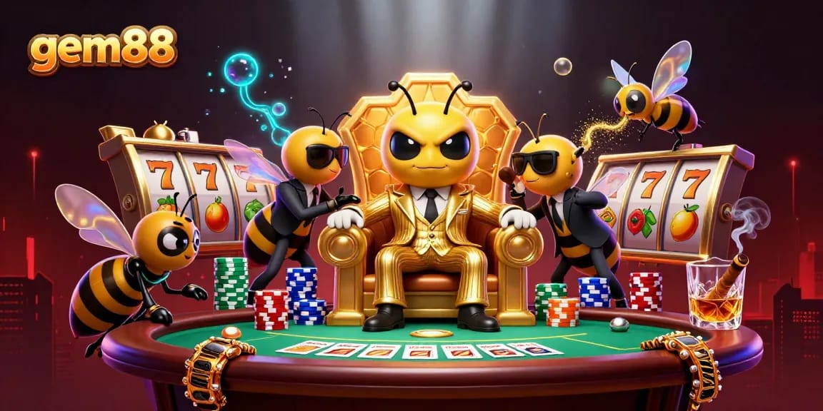 Experience gem88 thrilling slots with a 3D cartoon mob boss and lively game elements.