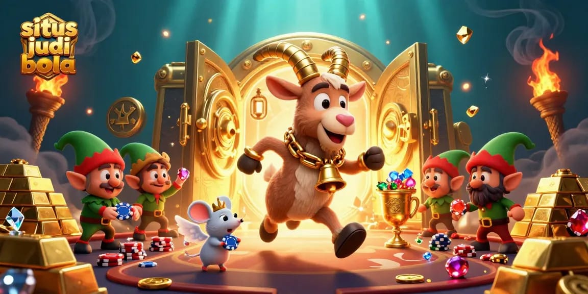 Engage in situs judi bola action with a festive yet spooky casino, featuring whimsical characters amidst treasures.