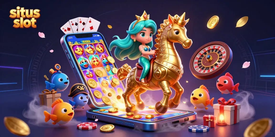 Menyaksikan situs slot gacor dengan putri duyung dan permainan slot menawan, dikelilingi koin emas dan detail menarik lainnya.