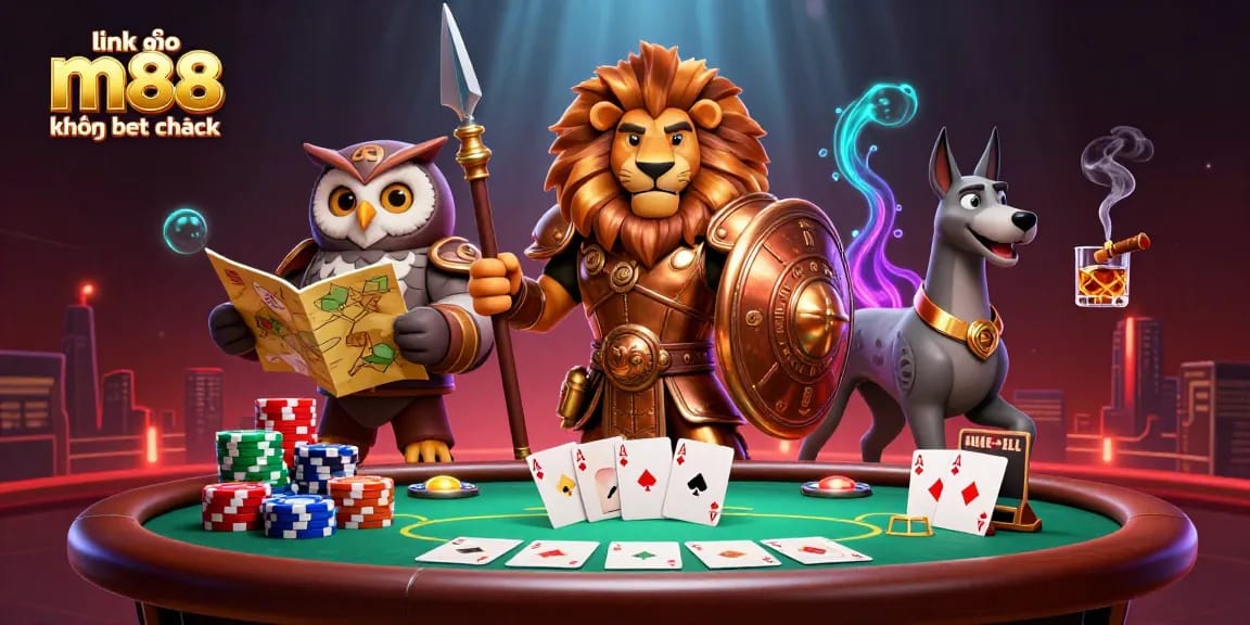 Tham gia vào hành động của "link vào m88 không bị chặn" với hình ảnh một chú sư tử Spartan dũng mãnh, chip poker và các yếu tố sòng bạc sống động.