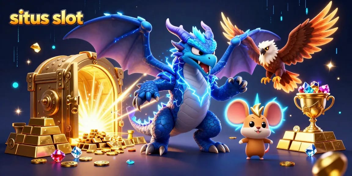 Spin to win at situs slot with vibrant 3D illustration featuring mythical creatures and treasure