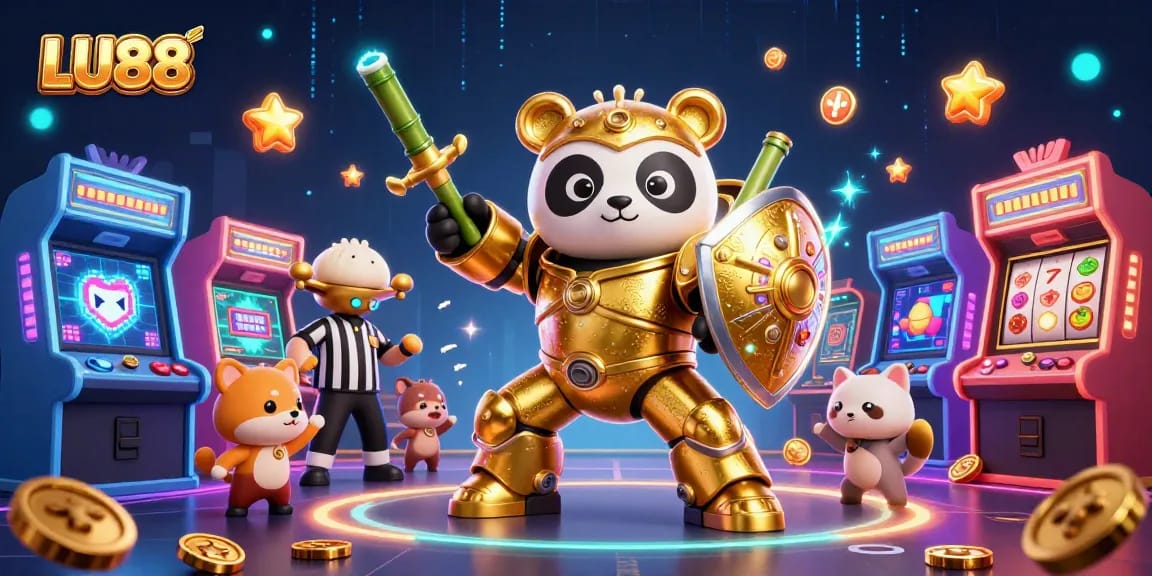 Experience thrilling gameplay at LU88 with a vibrant scene featuring golden panda mech and arcade machines.