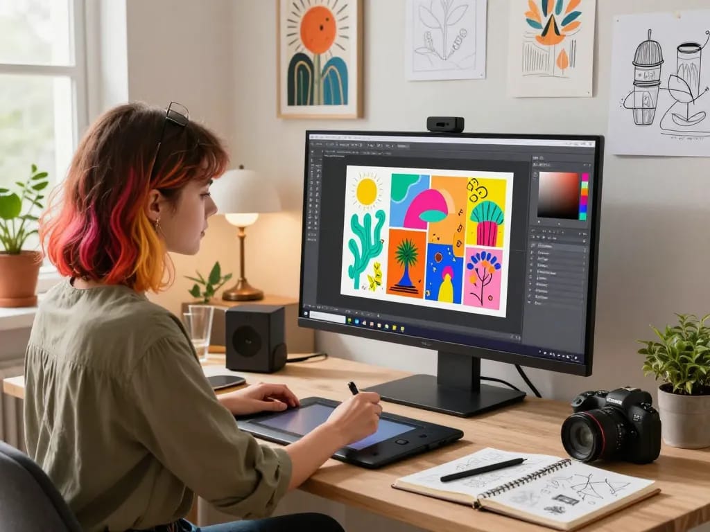 Creative workspace featuring a young woman using the Nano Banana 2 AI editor with artistic tools and vibrant visuals.