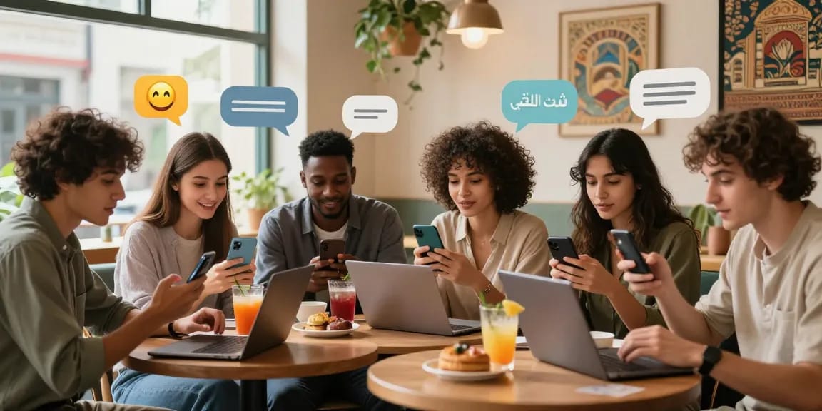Engaged friends in a café discussing شات الخليج, showcasing lively digital conversations.