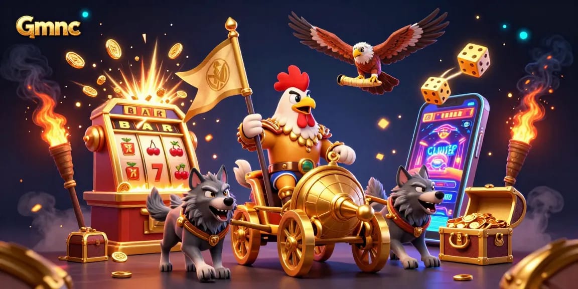 Experience the thrill of Gmnc with a golden war chariot, bursting slot machines, and winning symbols!