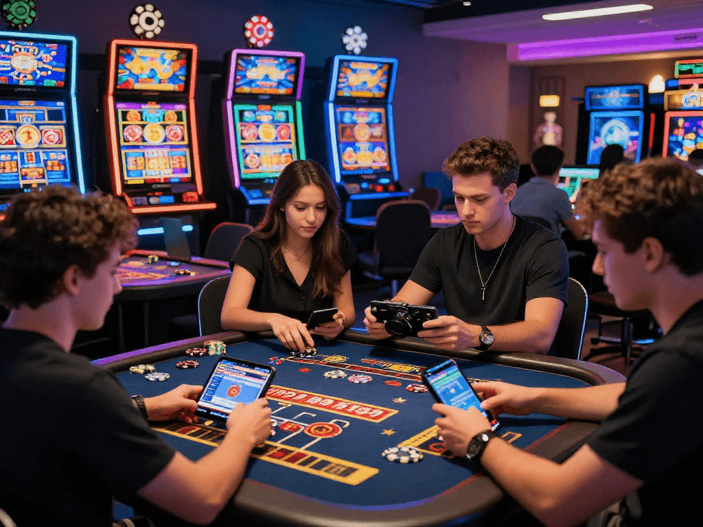 Players immersed in USA online casinos, enjoying vibrant slot games and live dealer action.