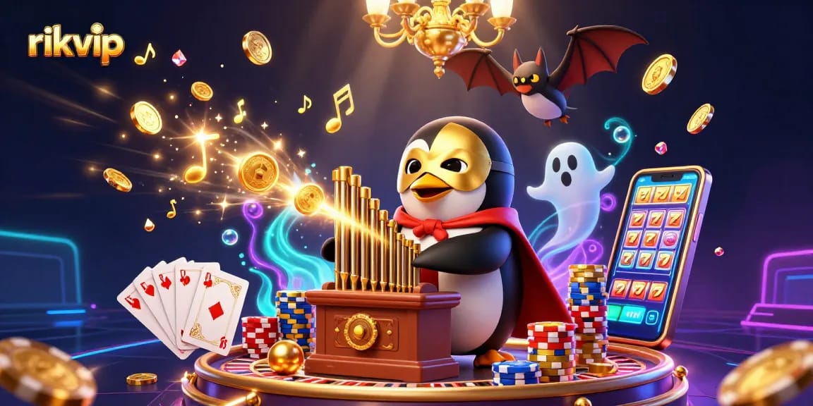Play and win at rikvip with a 3D cartoon penguin amid a rich casino scene of coins and games.