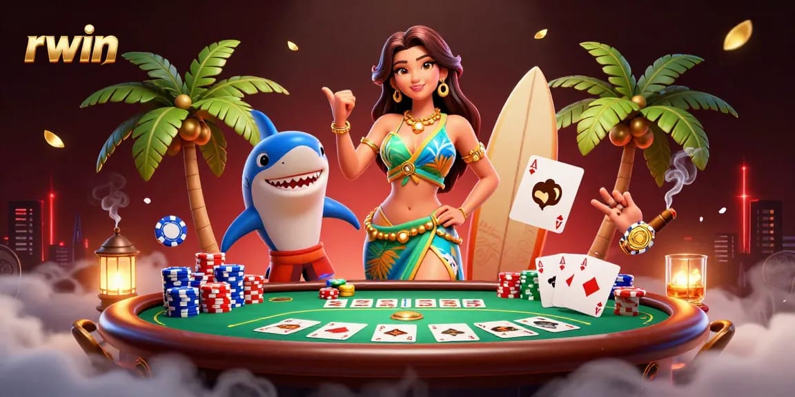 rwin showcases a vibrant casino scene with a glamorous woman and a cheerful shark, emphasizing energetic vibes